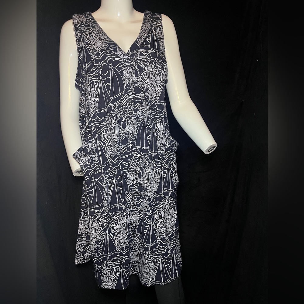 J. Jill tank dress, navy with white marine pattern, large pockets. Size medium